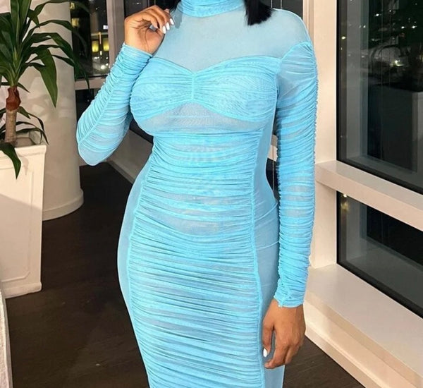 Women Sexy Full Sleeve Ruched Mesh Maxi Dress