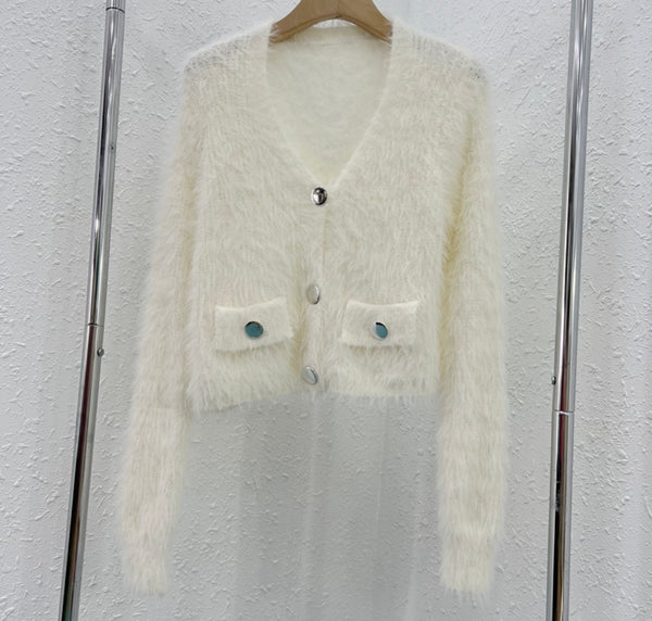 Women Color Button Up Furry Fashion Sweater Top