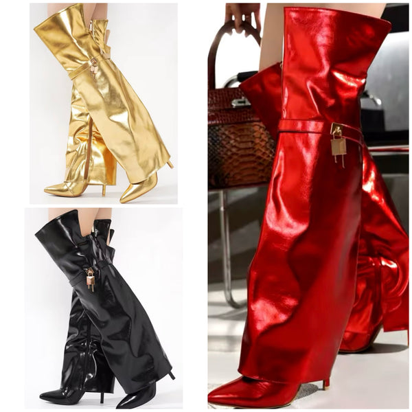 Women Fashion PU Leather Over The Knee Buckled Lock Boots