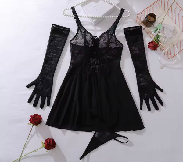 Women Black Sexy Sleeveless Glove Lace Lingerie Set