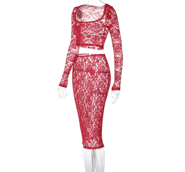 Women Sexy Red Lace Full Sleeve Crop Two Piece Skirt Set