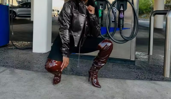 Women Color Fashion Faux Leather Crop Jacket