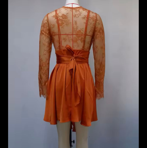 Women Orange Sexy Lace Patchwork Satin Dress