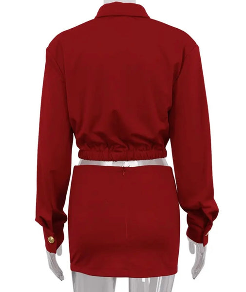 Women Red Sexy Button Full Sleeve Two Piece Skirt Set