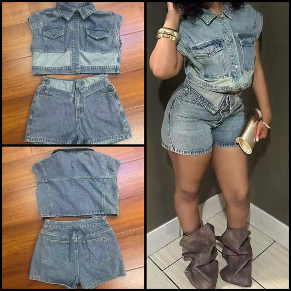 Women Fashion Denim Button Up Sleeveless Two Piece Short Set