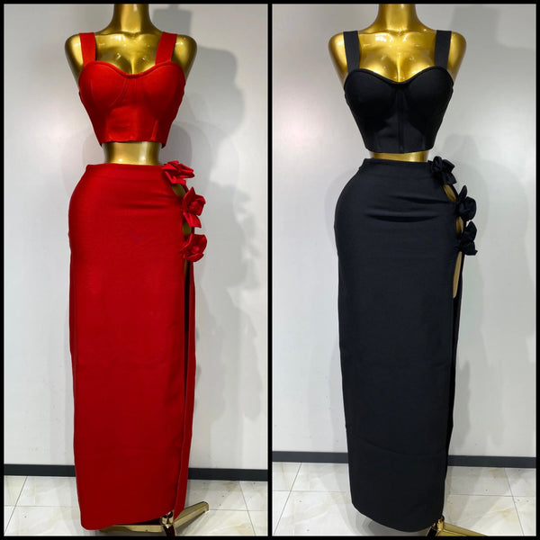 Women Sexy Sleeveless Crop Side Split 3D Floral Two Piece Maxi Skirt Set