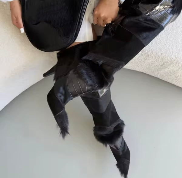 Women Over The Knee Fur Patchwork High Heel Boots