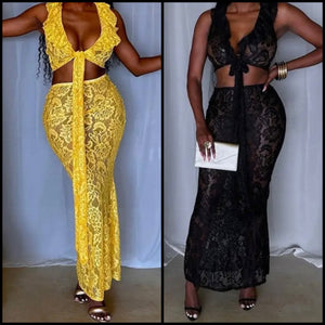 Women Sexy Sleeveless Color Lace Two Piece Maxi Skirt Set