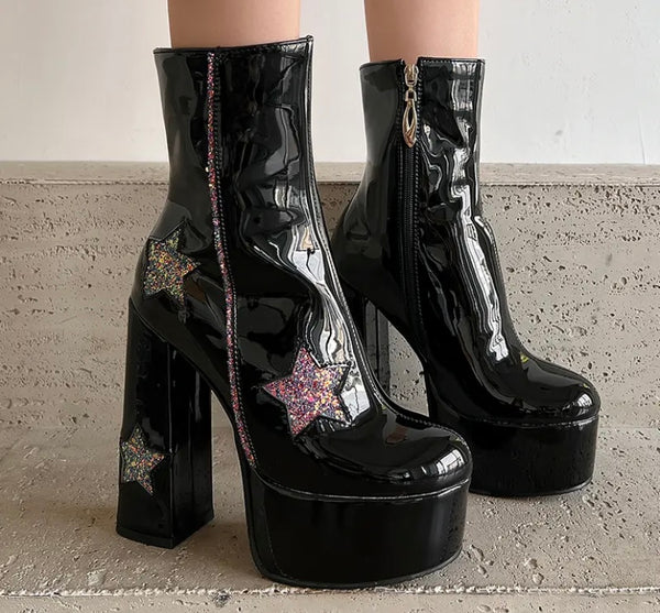 Women Fashion Star Patent Leather Platform High Heel Ankle Boots