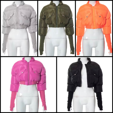 Women Color Fashion Puff Crop Jacket