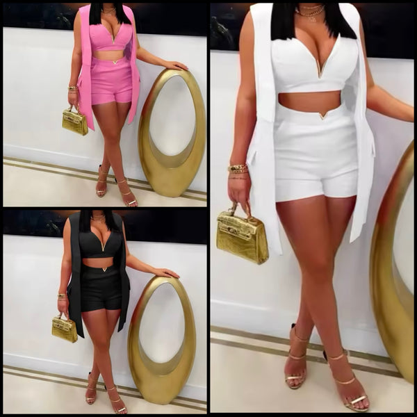 Women Fashion Sleeveless Solid Color Three Piece Short Set
