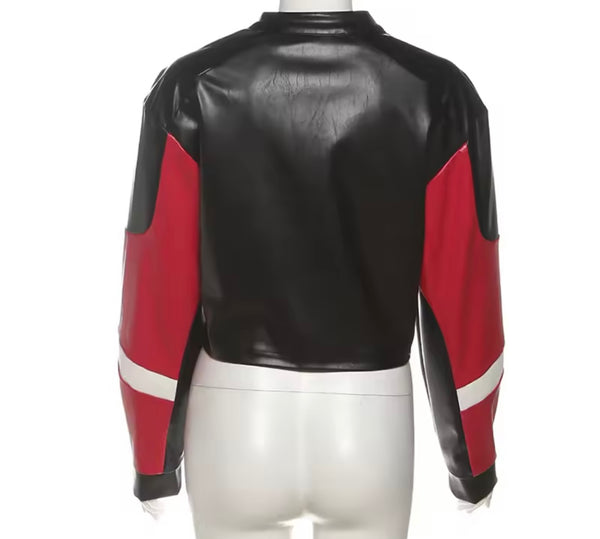 Women Fashion Black Color Block Faux Leather Buckled Zip Up Jacket