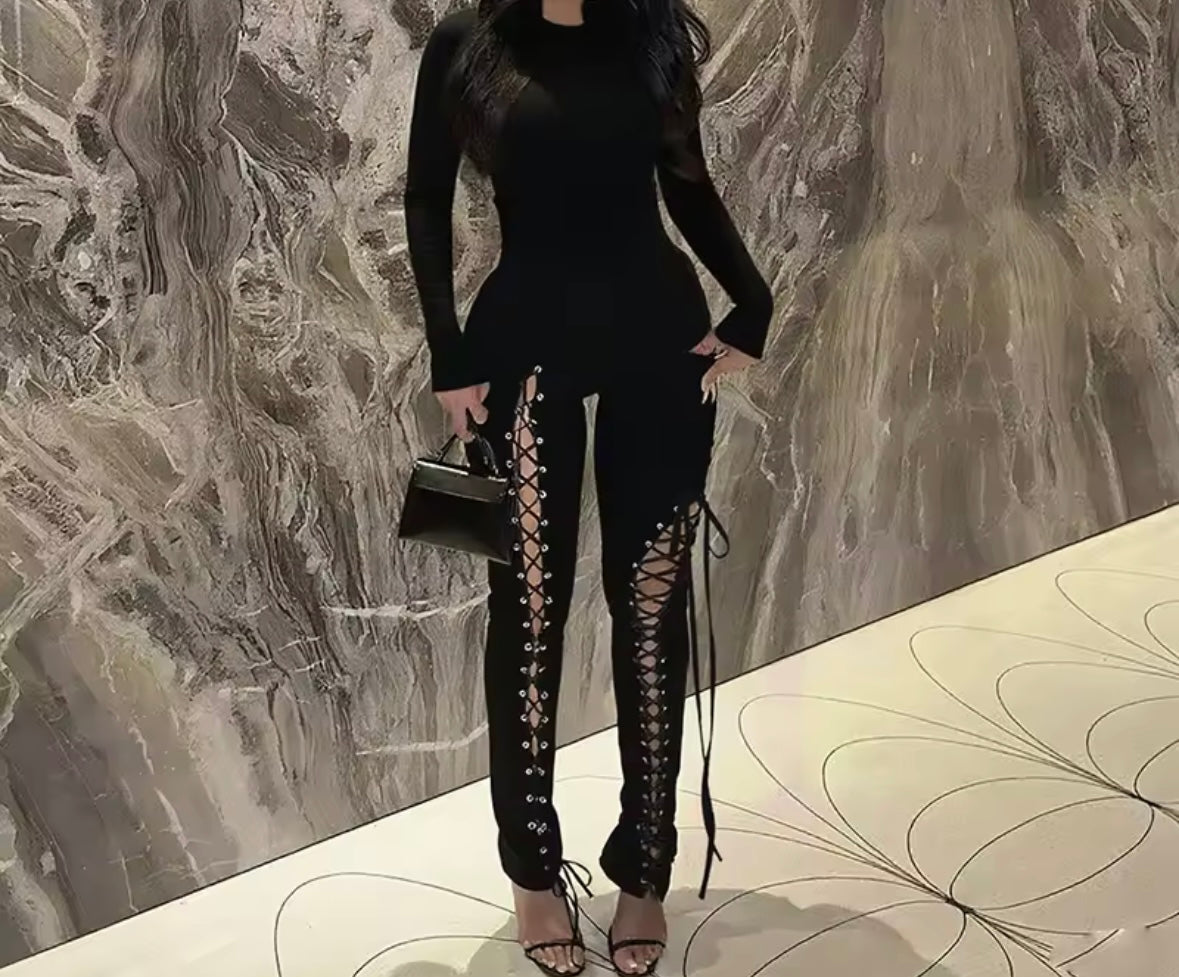 Women Color Full Sleeve Cut Out Tie Up Fashion Jumpsuit