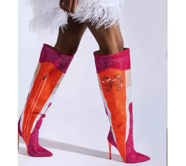 Women Fashion Color Patchwork Bling Knee High Boots