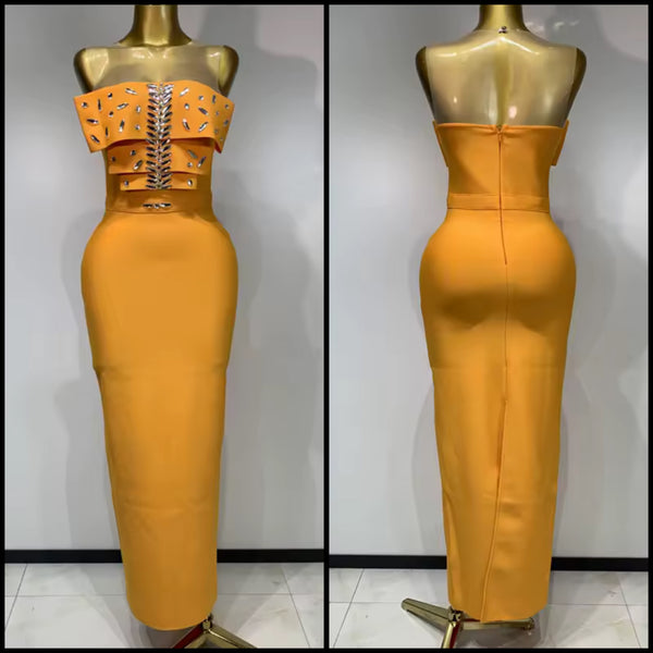 Women Orange Sexy Sleeveless Crystal Maxi Dress
