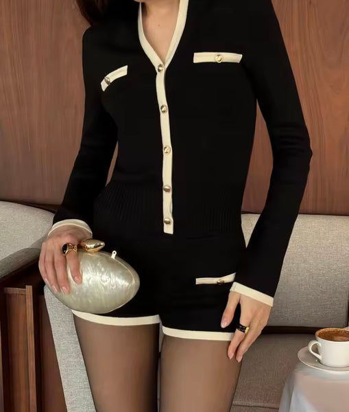 Women Color Patchwork Button Up Full Sleeve Two Piece Short Set
