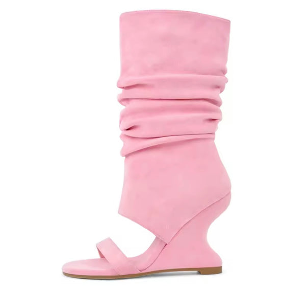 Women Fashion Open Toe Ruched Suede Wedge Mid Length Boots