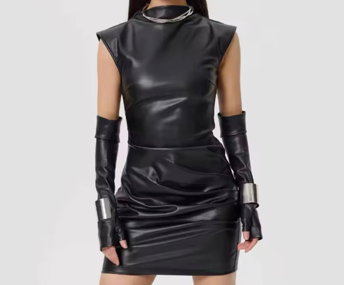 Women Sexy Sleeveless Glove Faux Leather Dress