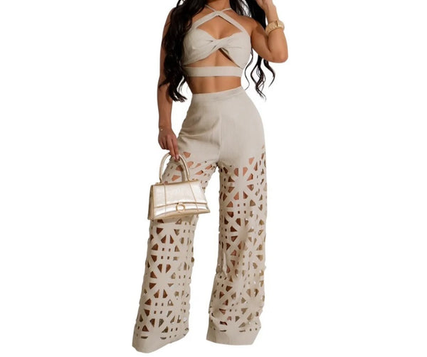 Women Sexy Sleeveless Cut Out Two Piece Pant Set