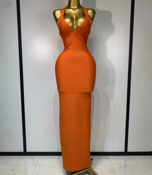 Women Sexy Sleeveless Orange Bandage Maxi Dress