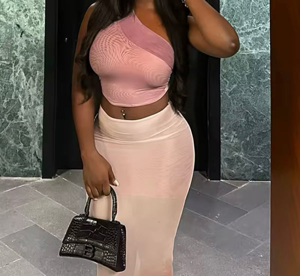 Women Sexy One Shoulder Sleeveless Gradient Two Piece Maxi Skirt Set