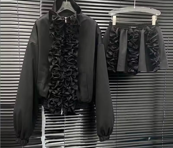 Women Fashion Black Ruffled Zip Up Jacket Two Piece Skirt Set