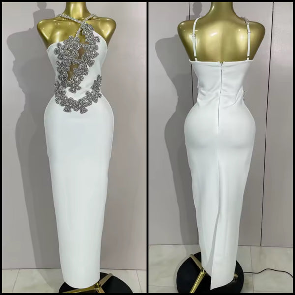 Women White Floral Rhinestone Sleeveless Sexy Maxi Dress