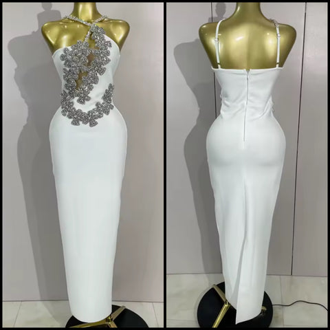 Women White Floral Rhinestone Sleeveless Sexy Maxi Dress