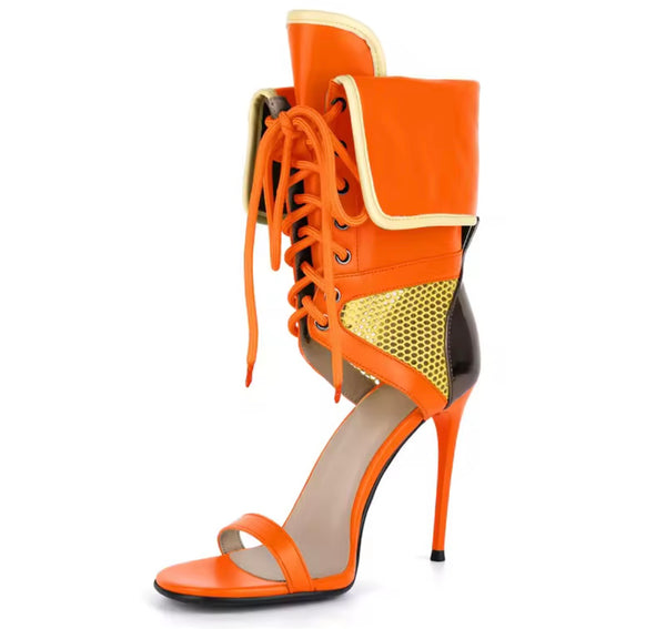 Women Fashion Open Toe Color Patchwork Tie Up High Heel Ankle Boots