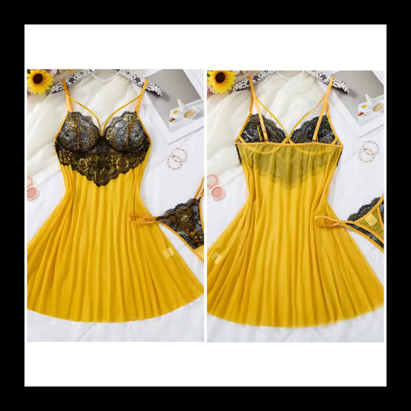 Women Sexy Yellow Lace Patchwork Nightgown Lingerie Set