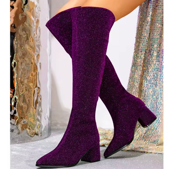 Women Purple Sparkly Fashion Knee High Boots
