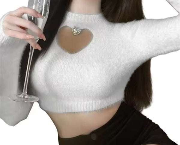 Women Fashion Furry Cut Out Heart Full Sleeve Crop Top