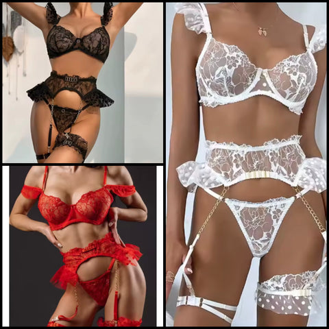 Women Sexy Ruffled Polka Dot Mesh Lace Lingerie Set