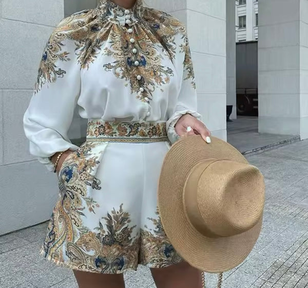 Women Fashion Printed Button Up Full Sleeve Two Piece Short Set