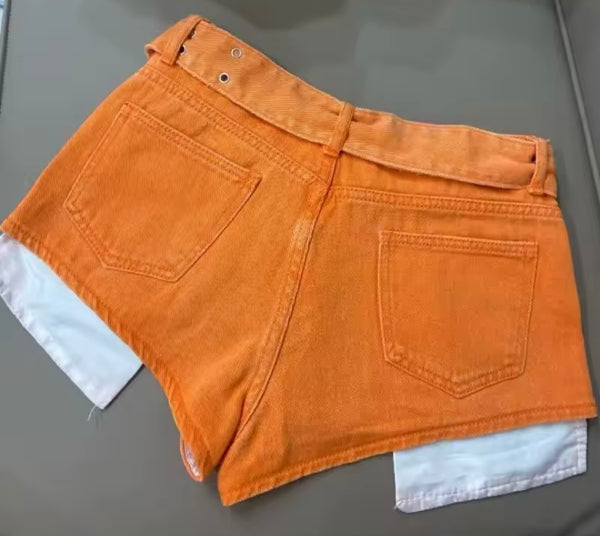 Women Fashion Orange Pocket Denim Shorts