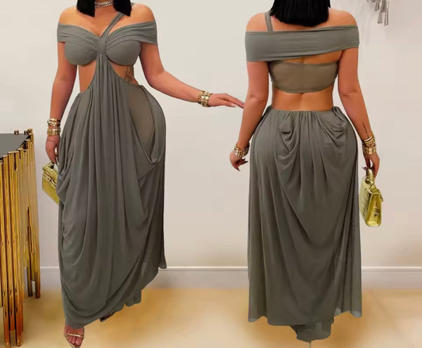 Women Sexy Off The Shoulder Cut Out Draped Maxi Dress