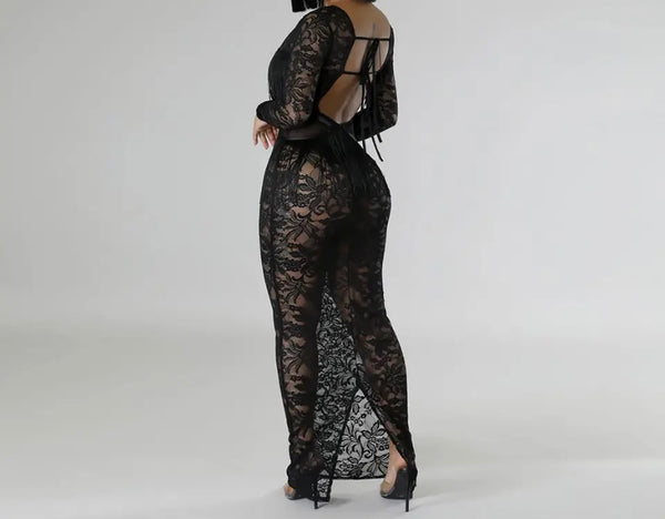 Women Black Sexy Lace Fringe Open Back Full Sleeve Maxi Dress