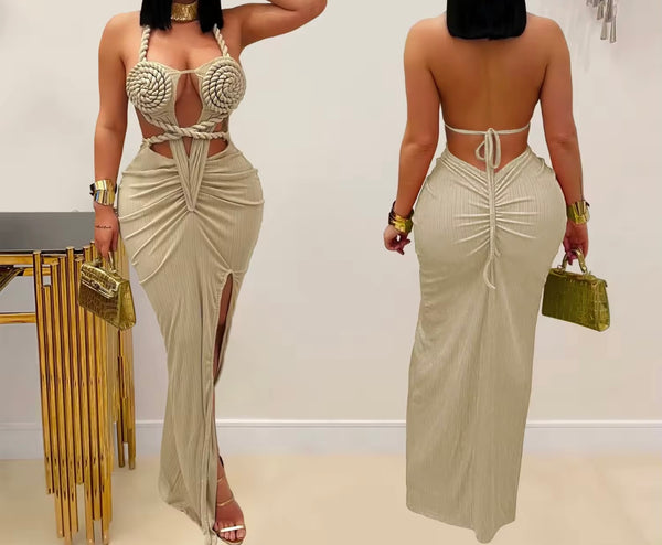 Women Halter Sleeveless Open Back Color Sexy Maxi Dress
