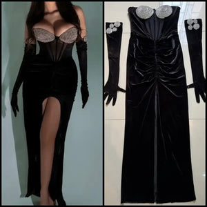 Women Black Sexy Strapless Velour Rhinestone Glove Maxi Dress