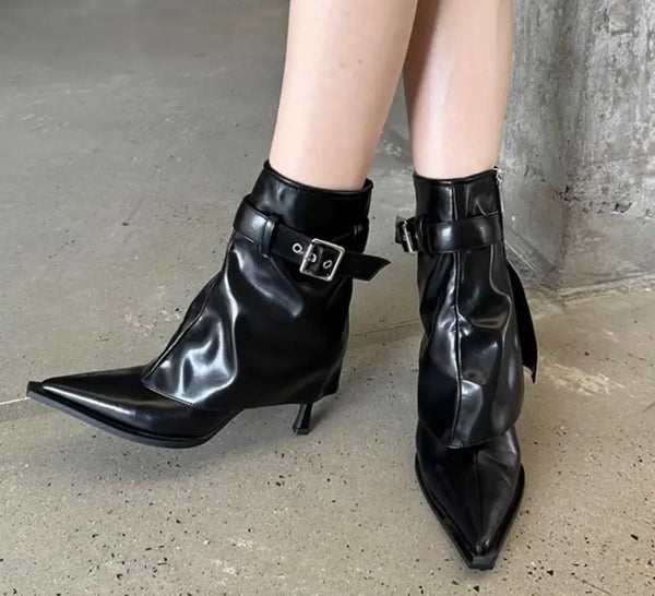 Women Pointed Toe Buckled Fashion High Heel Ankle Boots