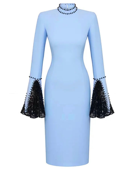 Women Blue Sexy Full Flare Sleeve Dress
