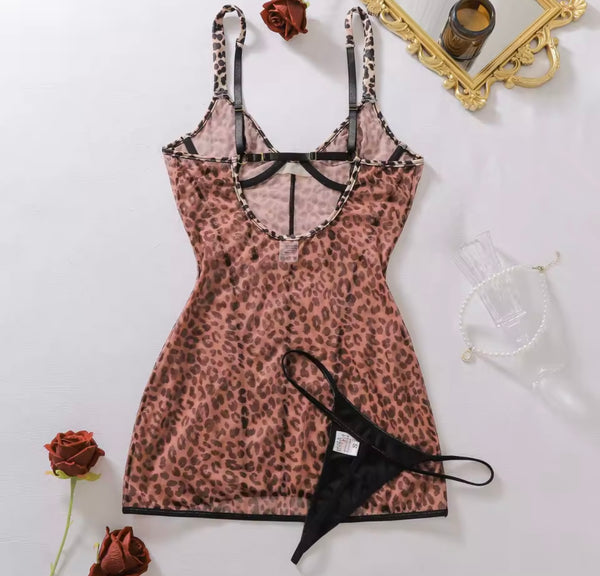 Women Sexy Leopard Mesh Nightgown Lingerie