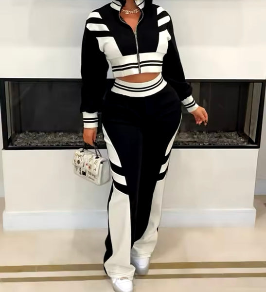 Women Fashion B&W Zip Up Two Piece Tracksuit Pant Set