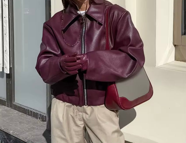 Women Color Zip Up Fashion Faux Leather Jacket