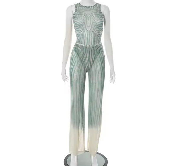 Women Sexy Sleeveless Printed Mesh Bodysuit Two Piece Pant Set