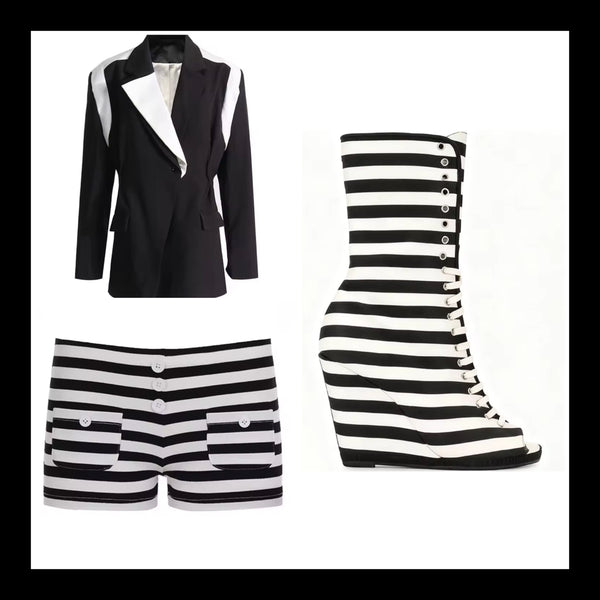 Women Fashion Open Toe B&W Striped Wedge Lace Up Ankle Boots