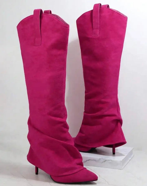 Women Pink Suede Fashion Knee High Western High Heel Boots