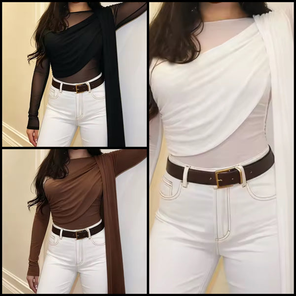 Women Fashion Draped Mesh Full Sleeve Top