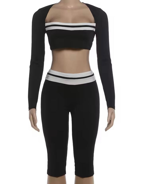 Women Fashion B&W Full Sleeve Crop Two Piece Capri Pant Set