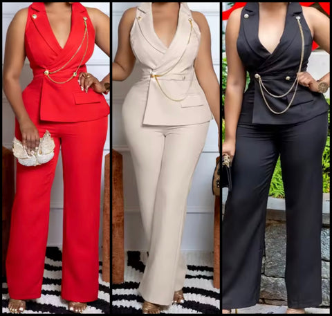 Women Sleeveless Chain Solid Color Fashion Jumpsuit